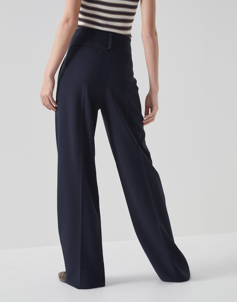 Comfort virgin wool crêpe double cloth wide trousers with reversed pleats and monili 2