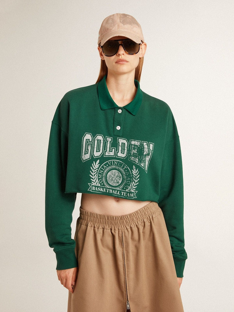 Golden Goose Women's green cropped polo sweatshirt with print outlook