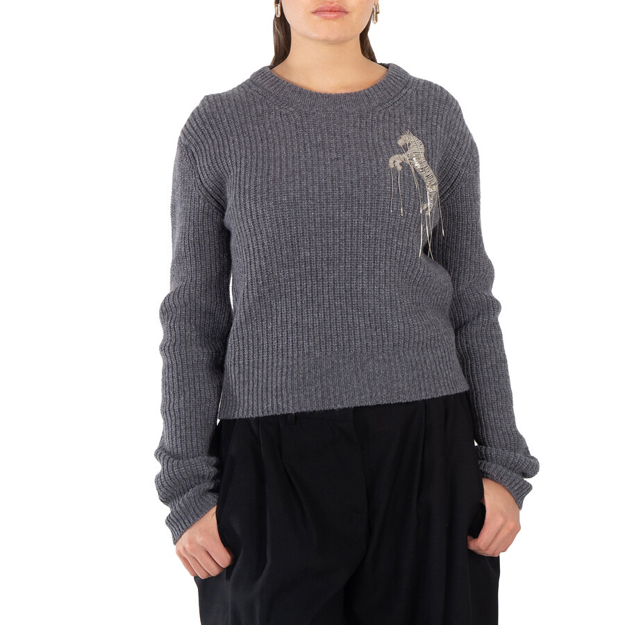 Stella McCartney Grey Wool Cropped Horse Chain Embroidered Jumper - 5
