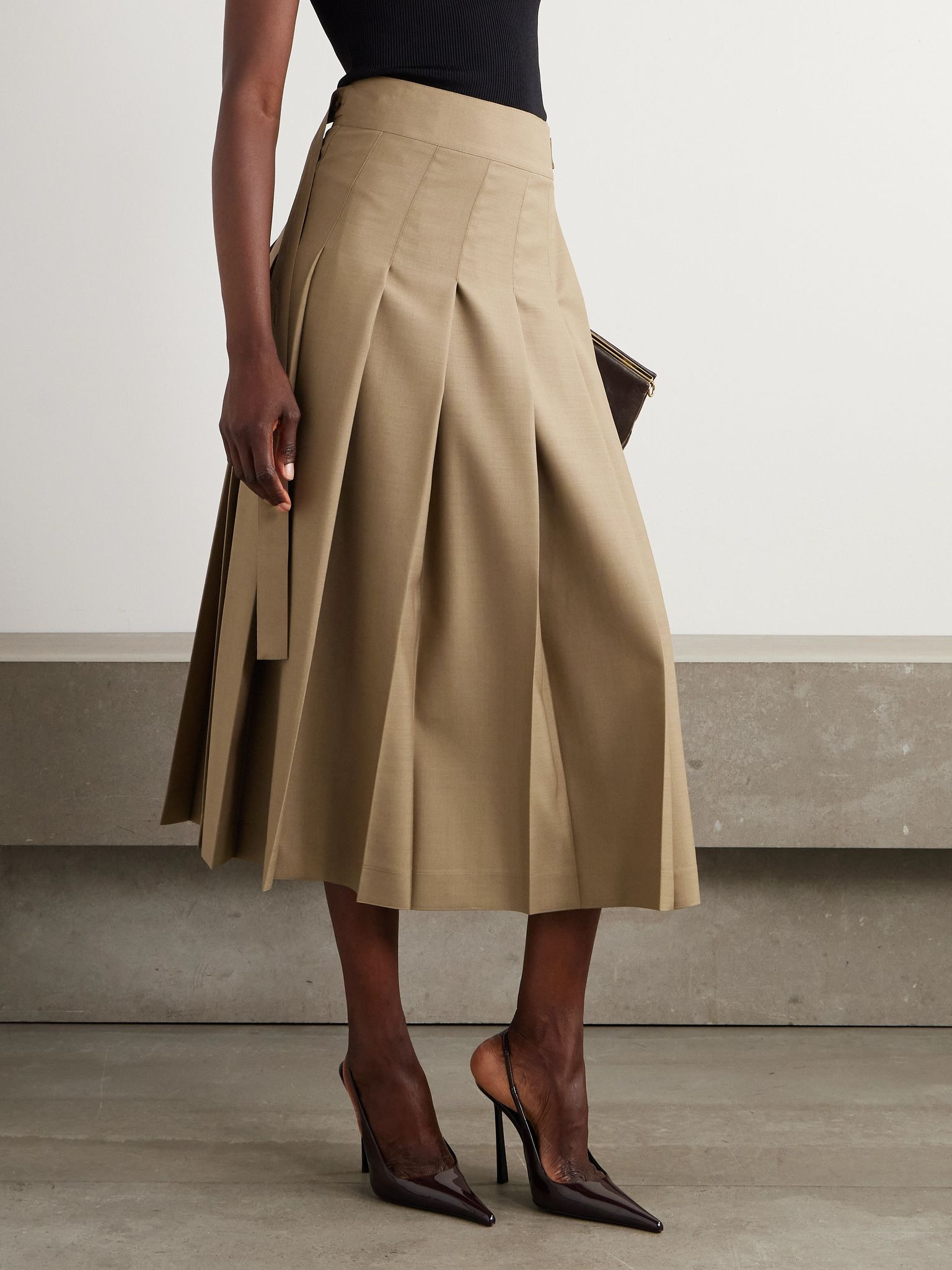 Pleated wool-blend midi wrap skirt Beige - 3