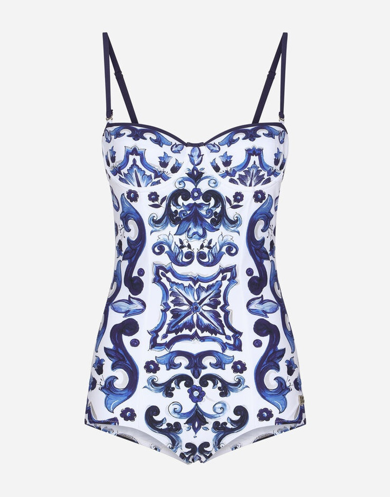 Majolica-print balconette one-piece swimsuit 1