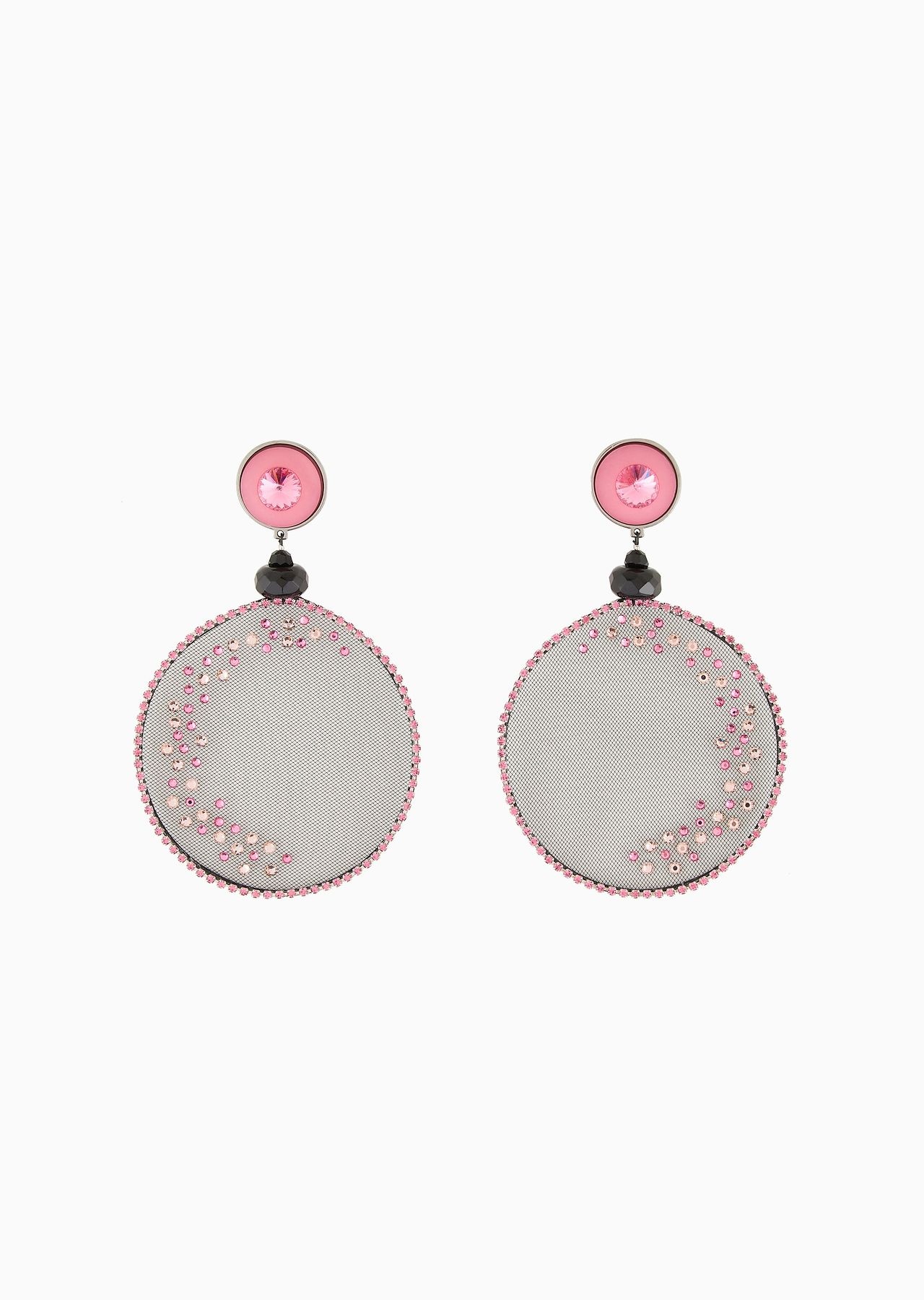 Resin clip-on earrings with embroidered tulle pendants - 1