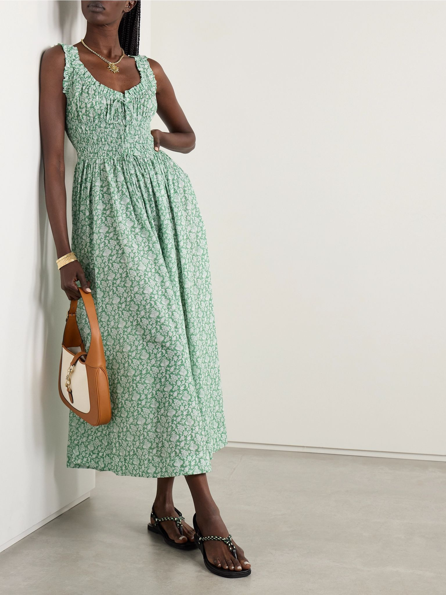 Emmaretta tie-detailed shirred floral-print organic cotton-voile midi dress Green - 2