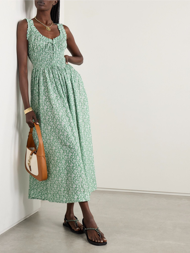 DÔEN Emmaretta tie-detailed shirred floral-print organic cotton-voile midi dress Green outlook
