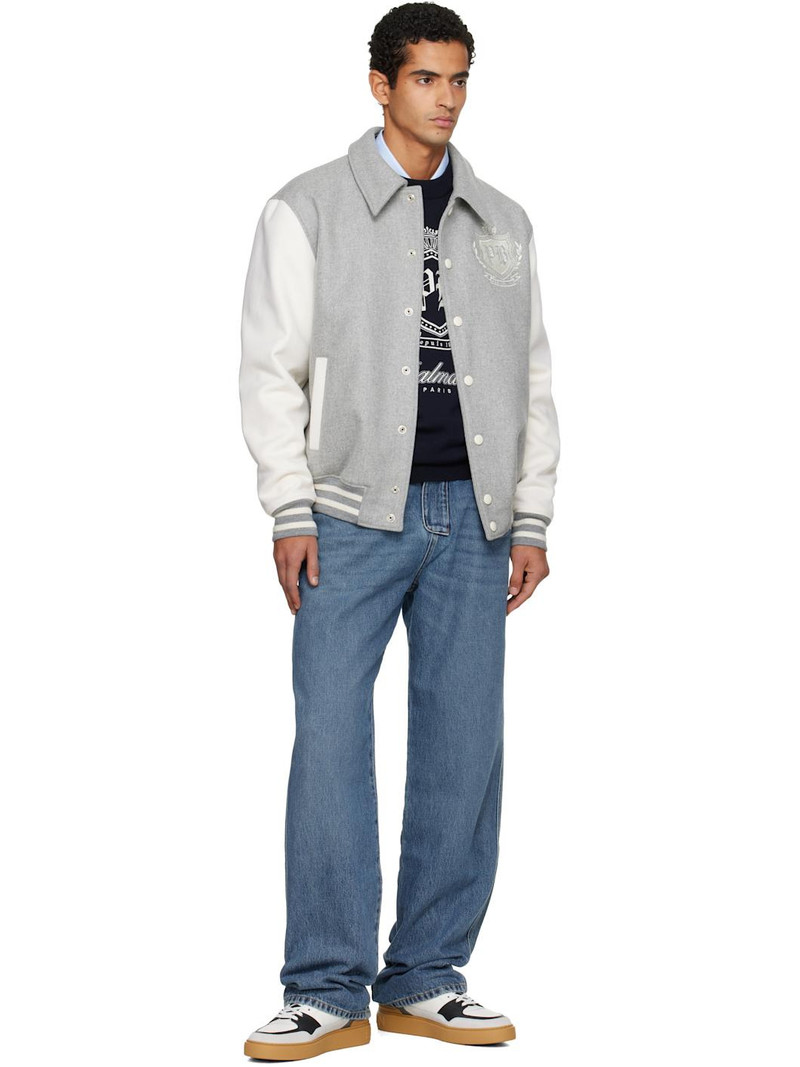 Balmain Gray Bicolor Wool Varsity Bomber Jacket outlook