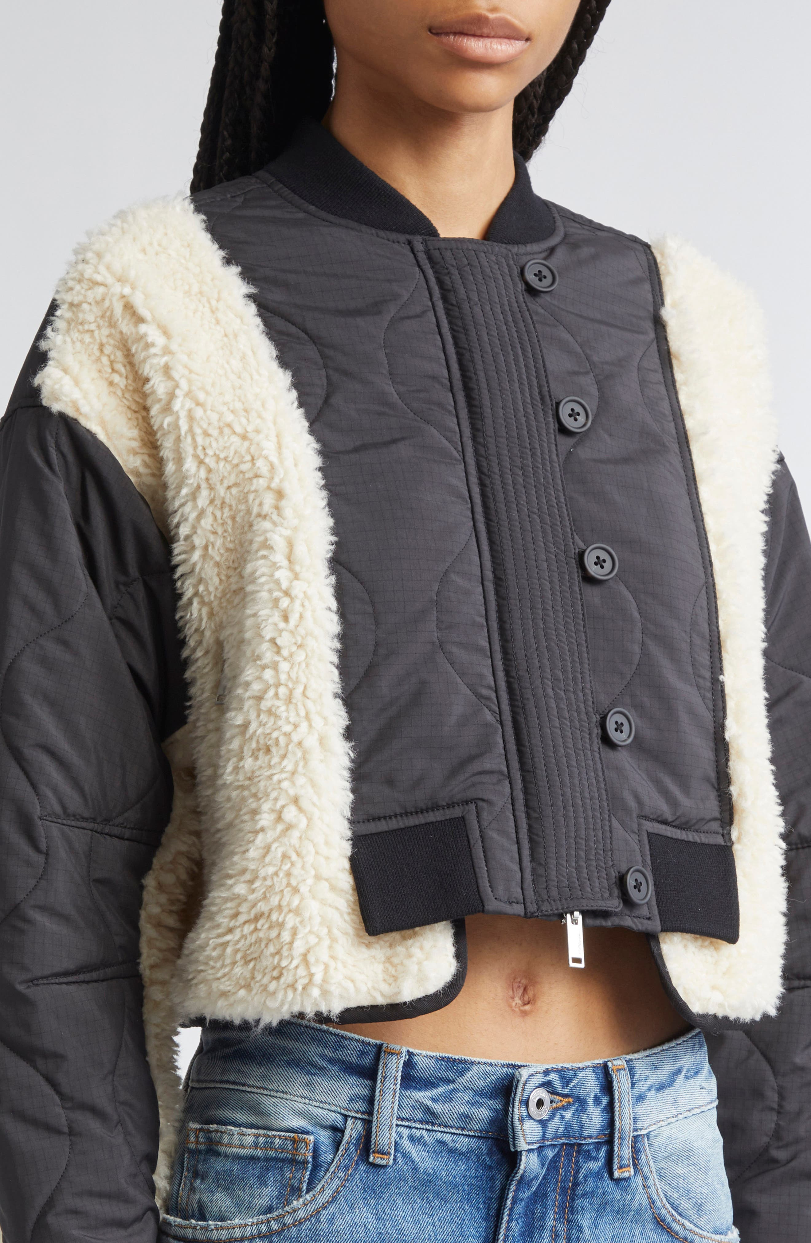 3.1 Phillip Lim High Pile Fleece Trim Quilted Crop Jacket in Black-Natural at Nordstrom - 4