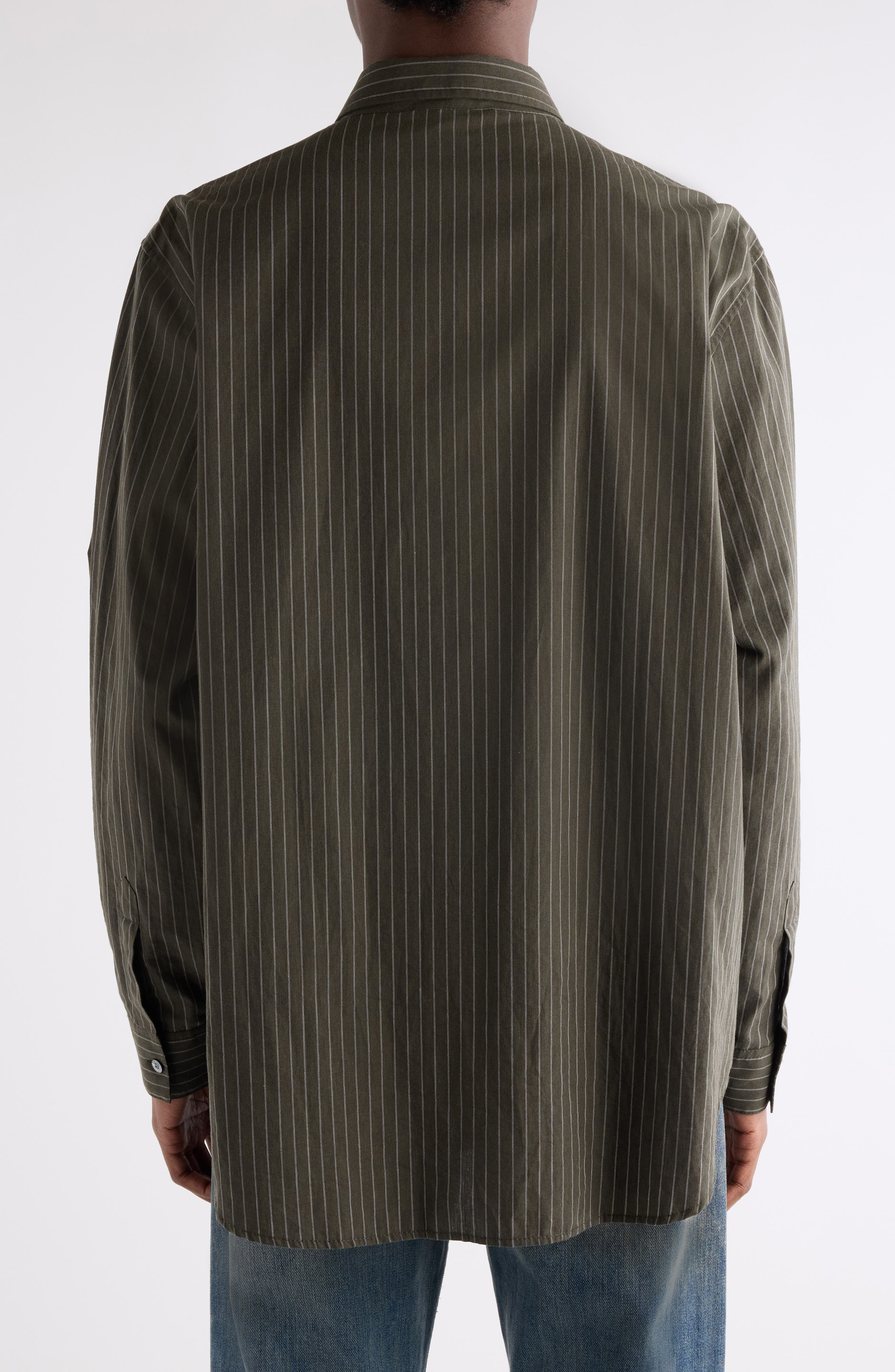 Acne Studios Sarow Stripe Poplin Button-Up Shirt in Green Melange at Nordstrom - 3