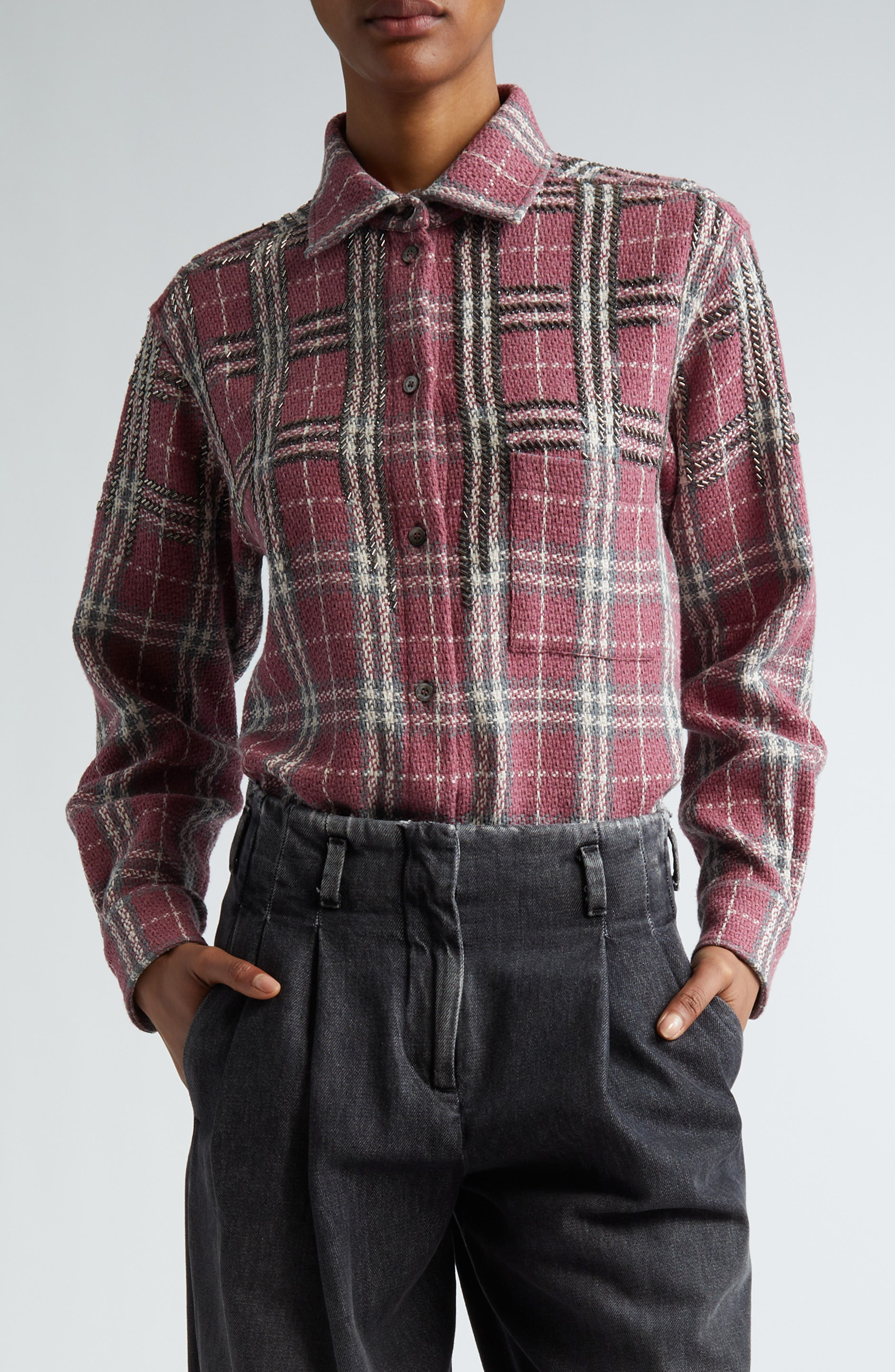 Golden Goose Journey Beaded Plaid Cotton Overshirt in Crushed Berry/Sandshell/Grey at Nordstrom - 1