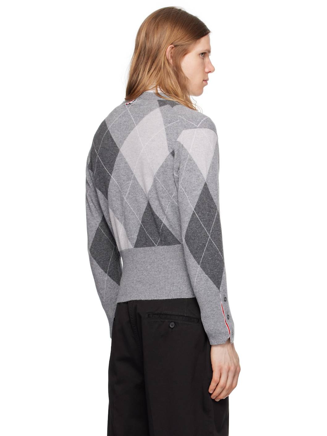 Gray Argyle Intarsia Cashmere V Neck Cardigan - 3