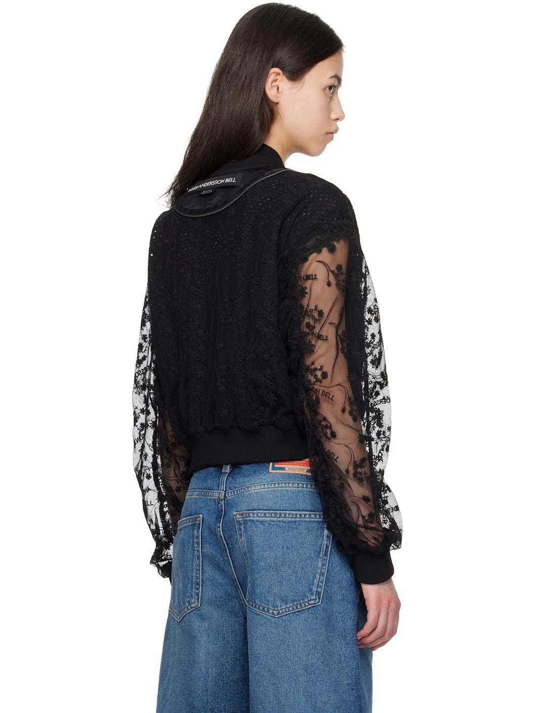 Black Layered Logo Lace Short Bomber Jacket - 3