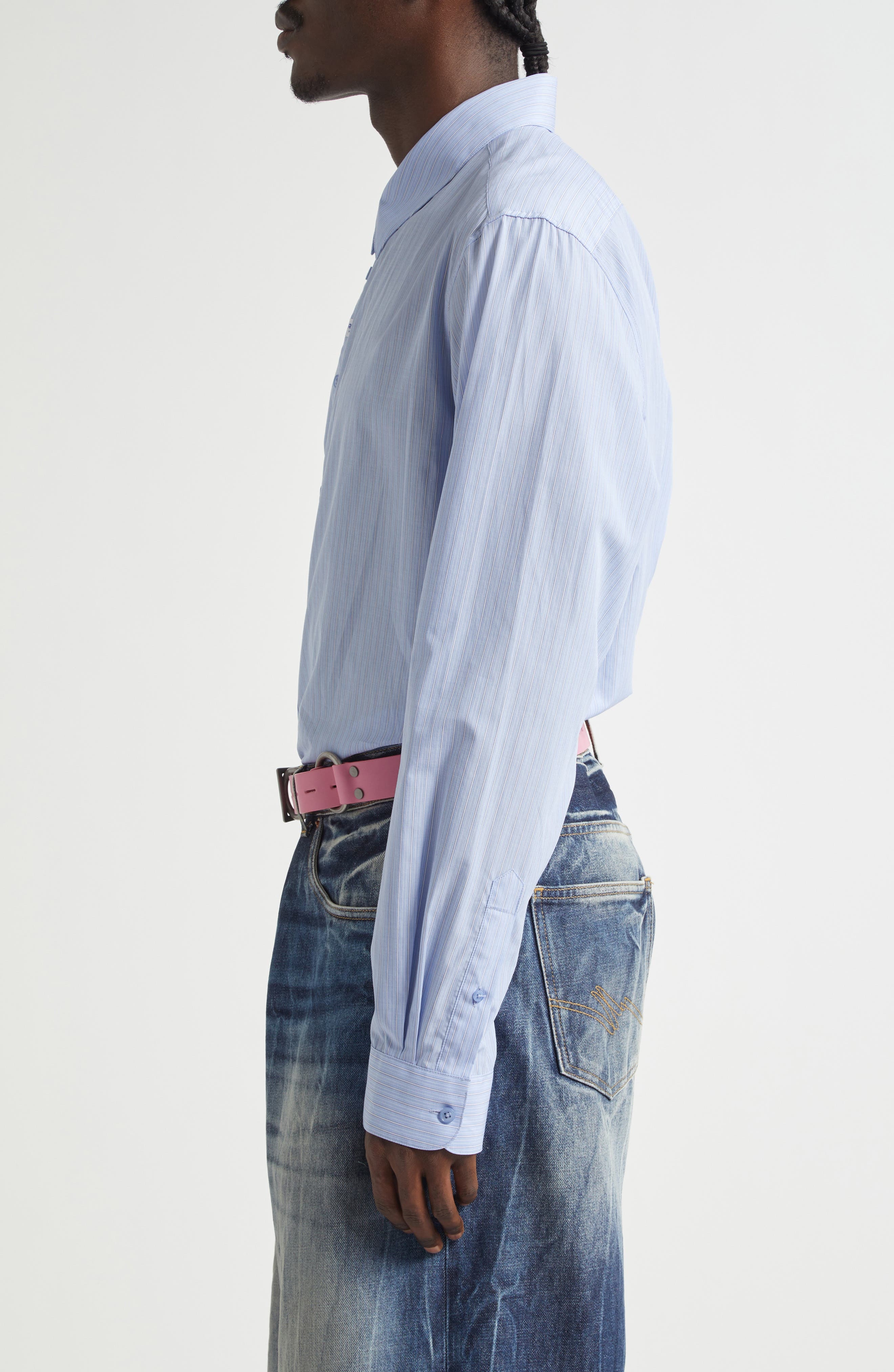 Martine Rose Classic Logo Stripe Button-Up Shirt in Blue-White Stripe at Nordstrom - 3