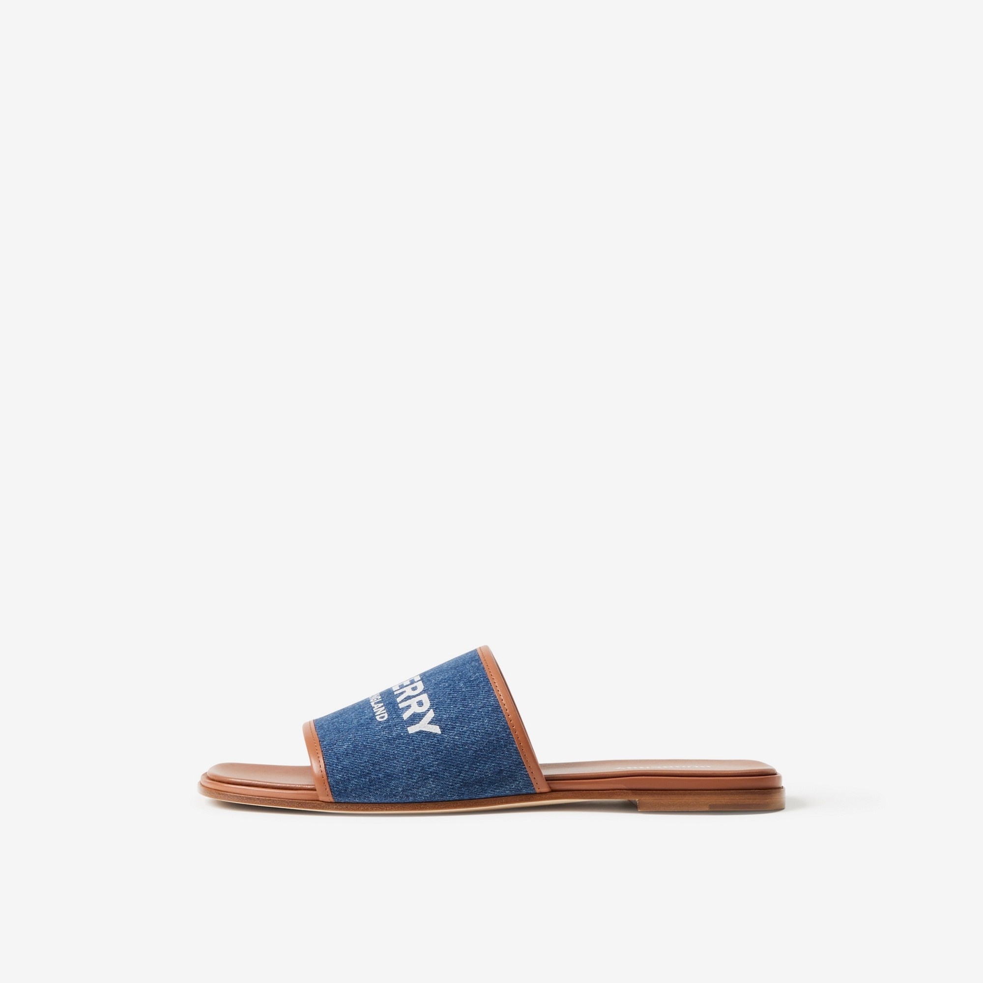 Label Print Denim and Leather Slides - 5