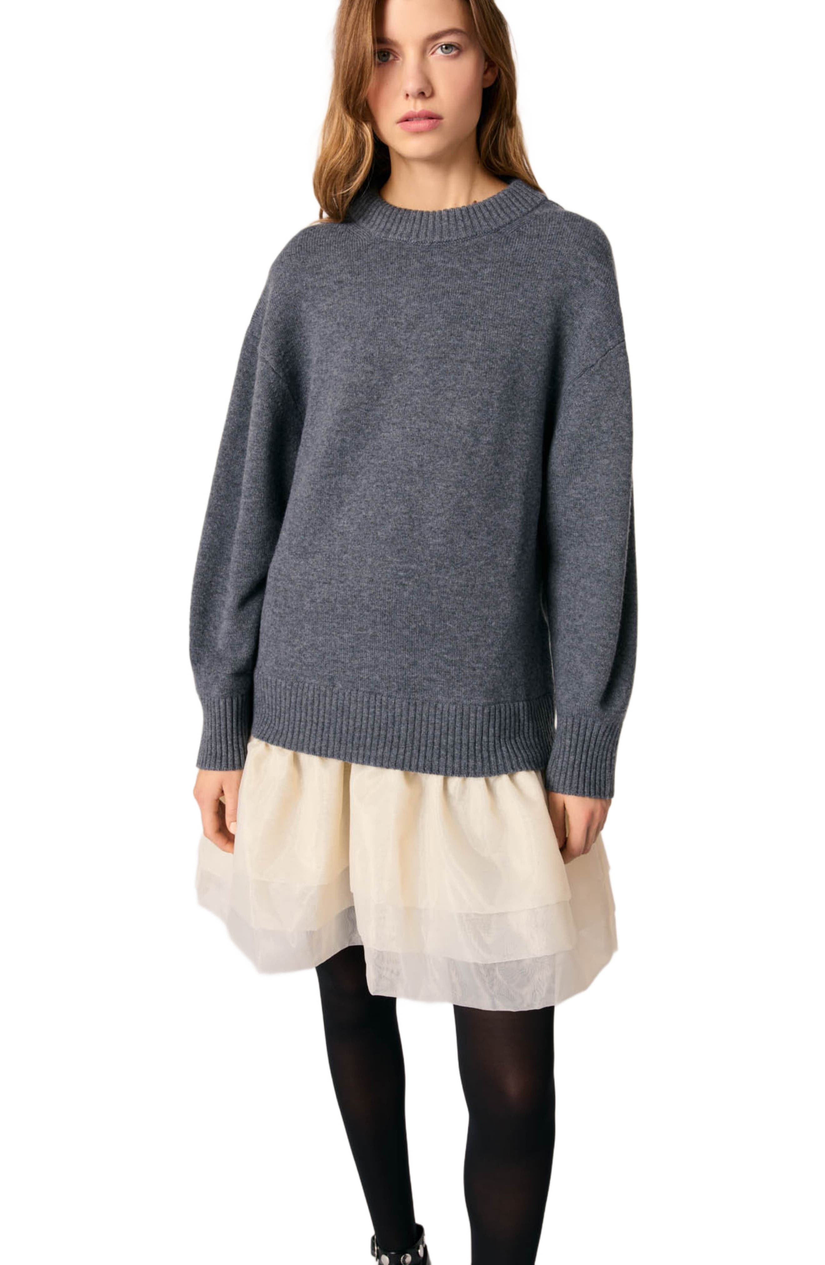maje Wool and organza dual-fabric dress in Gray /Ecru at Nordstrom - 9