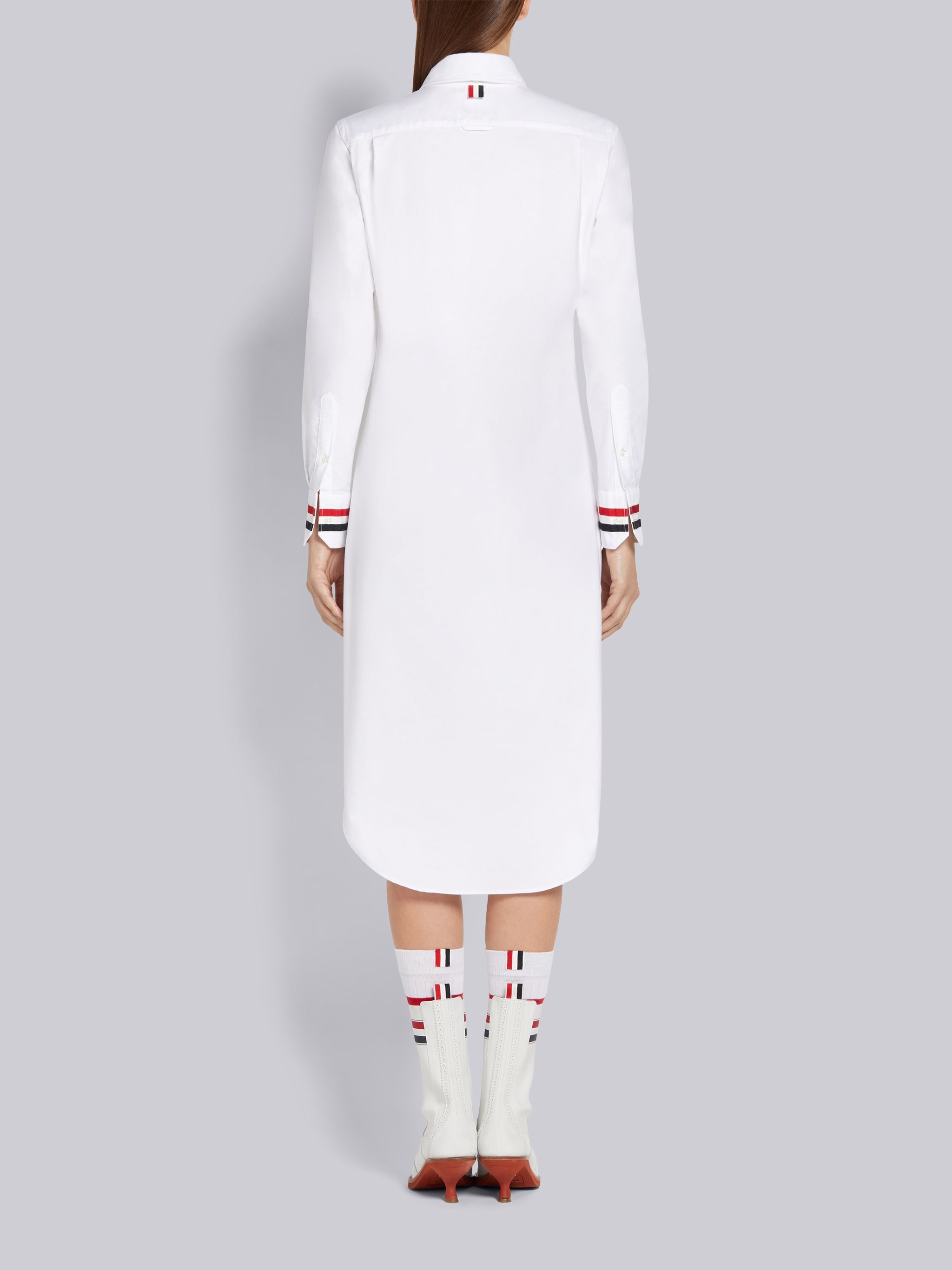 White Oxford Button Down Long-sleeved Classic Shirtdress With Tie - 3