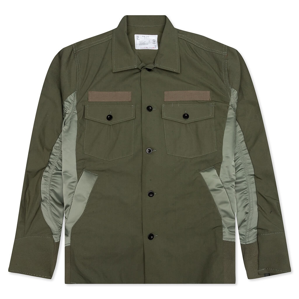 sacai SACAI COTTON OXFORD X NYLON TWILL SHIRT 512 - KHAKI | feature |  REVERSIBLE