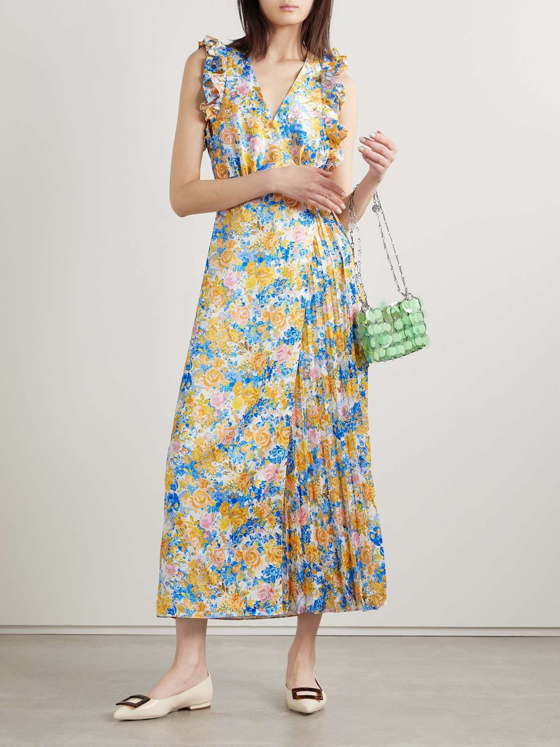 KIKA VARGAS Liana pleated ruffled floral-print satin midi wrap dress Blue outlook