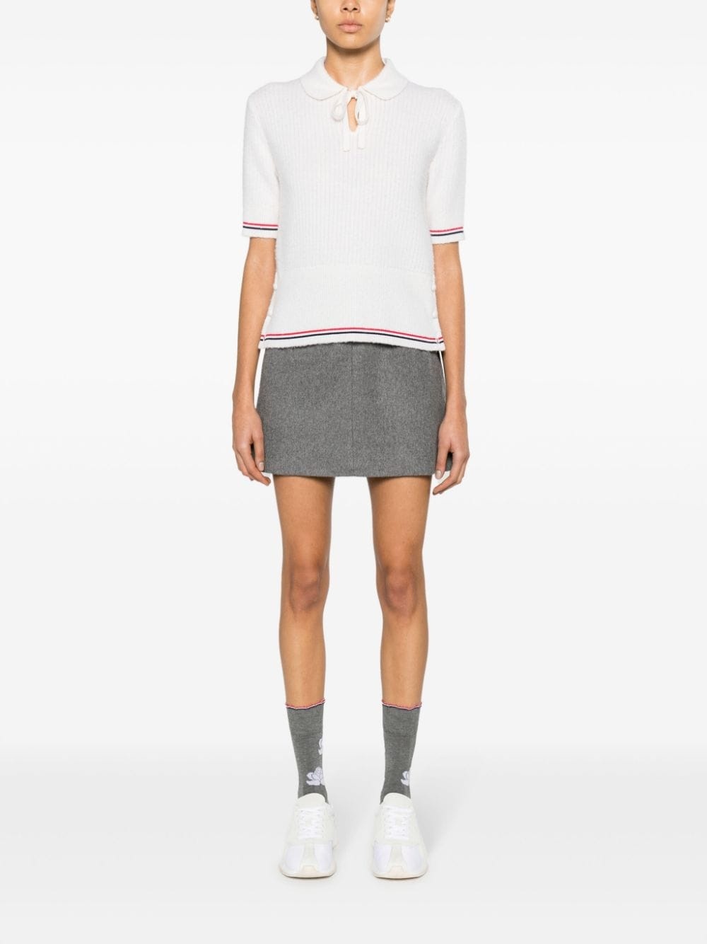 THOM BROWNE Women Brushed Tuck Stitch SS Polo With Keyhole Neckline In Merino Wool W/Rwb Stripe - 3