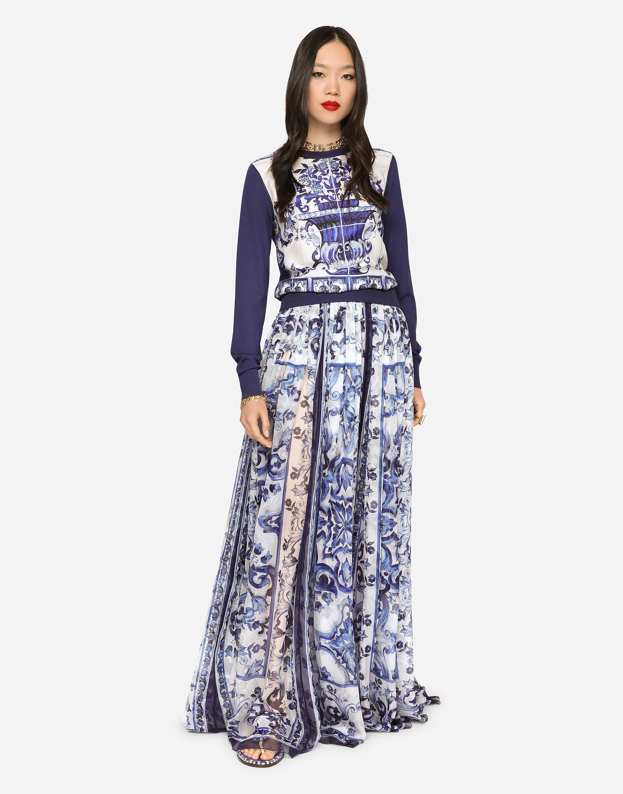 Long majolica-print chiffon skirt - 2