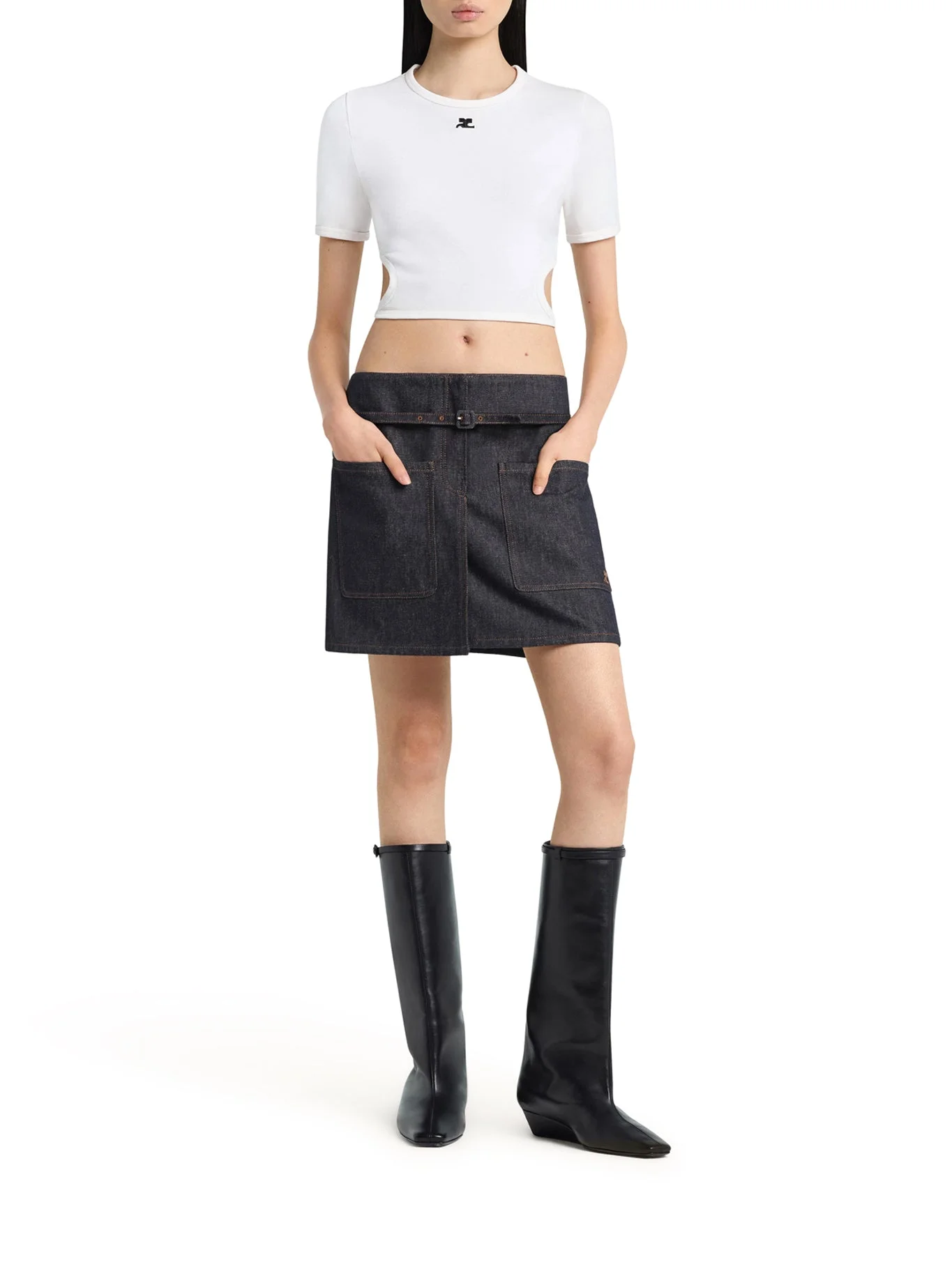 CROPPED T-SHIRT WITH EMBROIDERED LOGO AND CUT-OUT DETAIL - 1