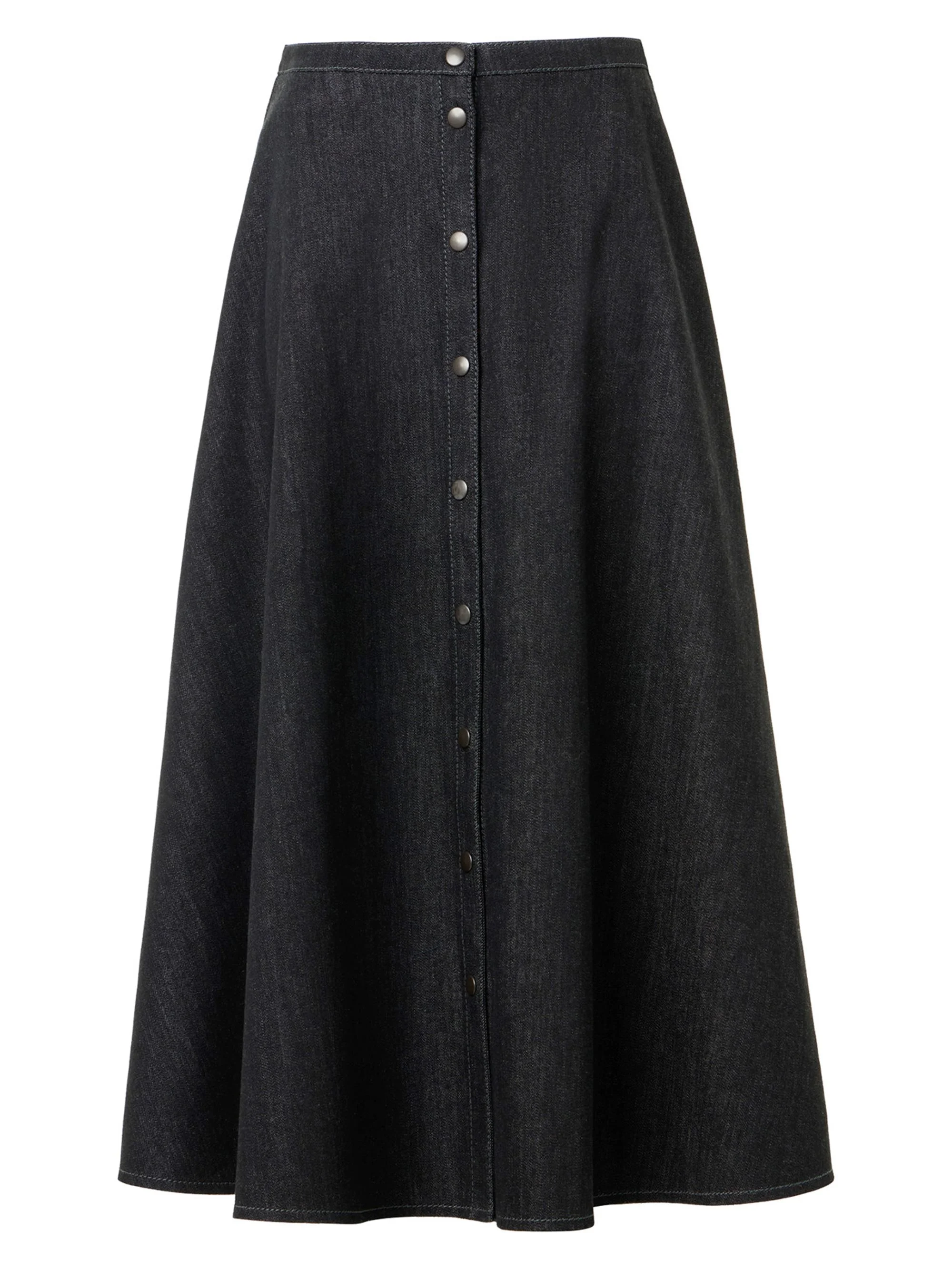 Women's Stretch Denim Button-Front Midi-Skirt - Black Denim - 1