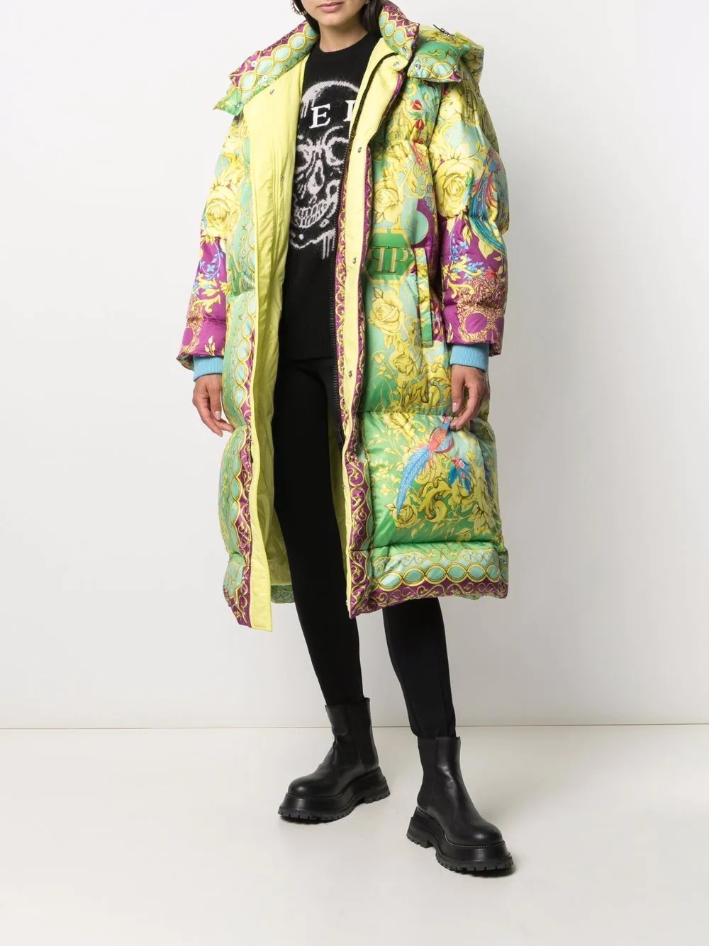 baroque-print long padded jacket - 2