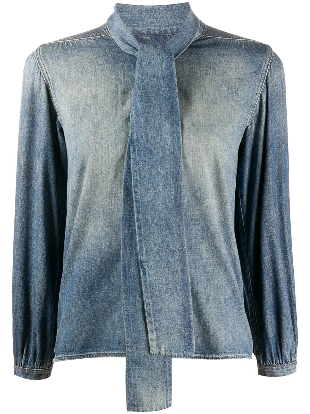 pussy-bow embellished denim blouse - 1