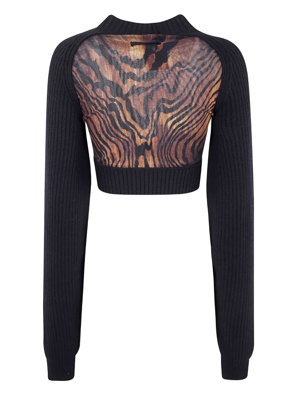 Jean Paul Gaultier Women Lambswool Ribbed Long Sleeves Cropped Sweater With Printed Mesh Cut Out Det - 6