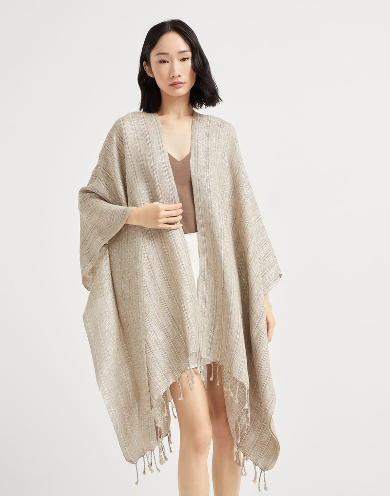 Striped sparkling linen poncho with fringe - 1