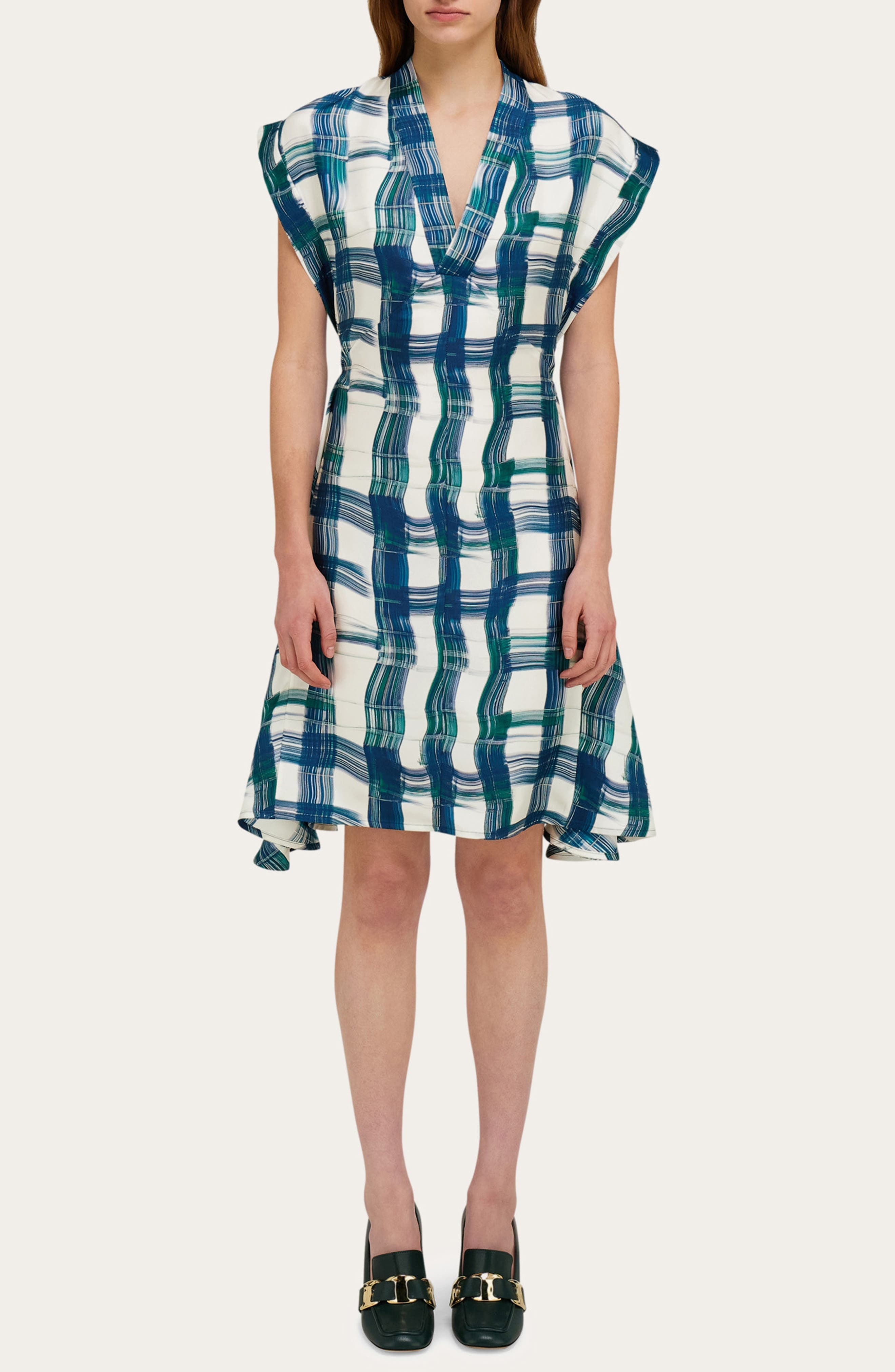 FERRAGAMO Brushstroke Tartan Silk Dress in New Navy/Moss at Nordstrom - 5