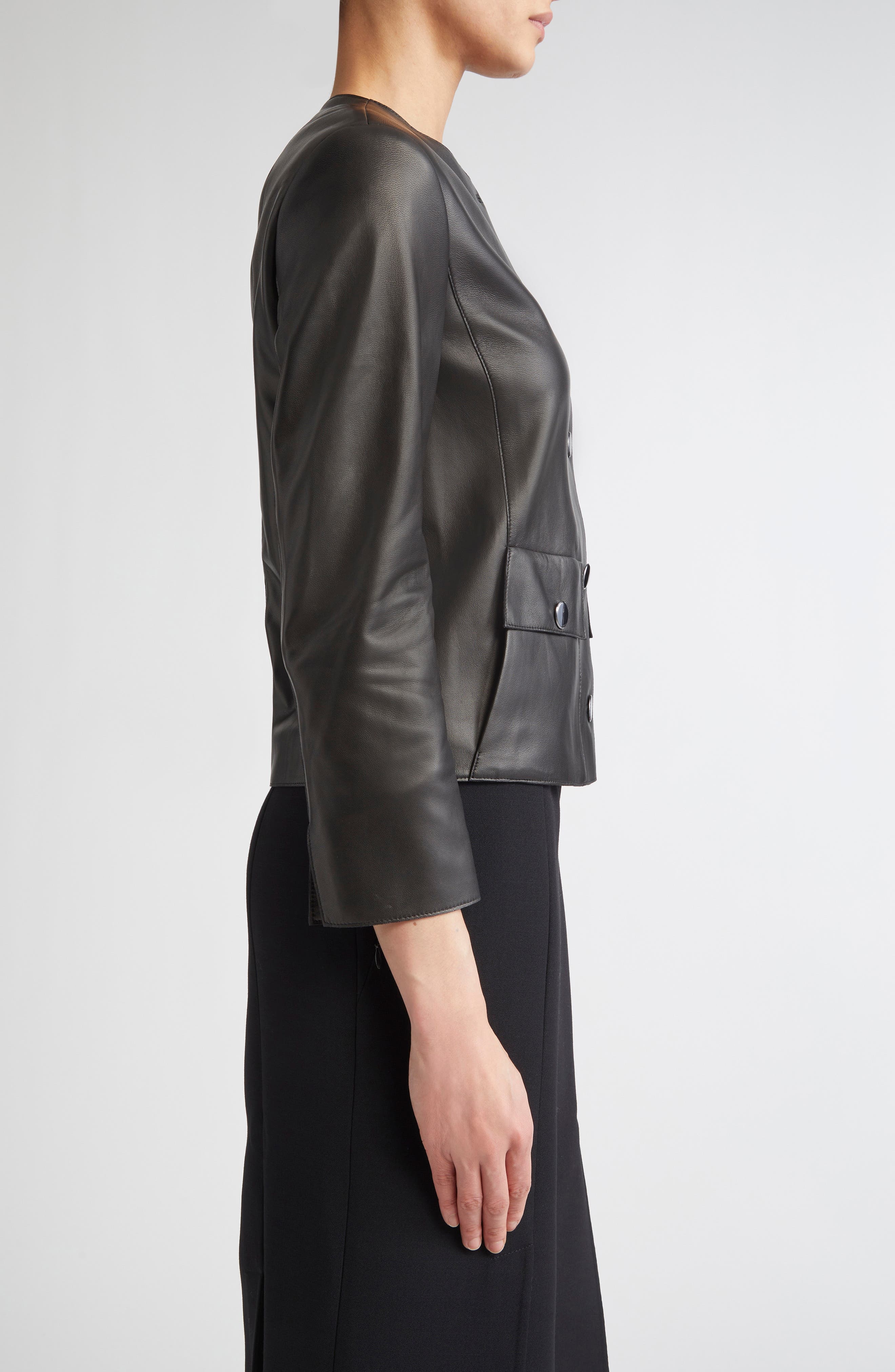 Akris Collarless Lambskin Leather Jacket in Black at Nordstrom - 4
