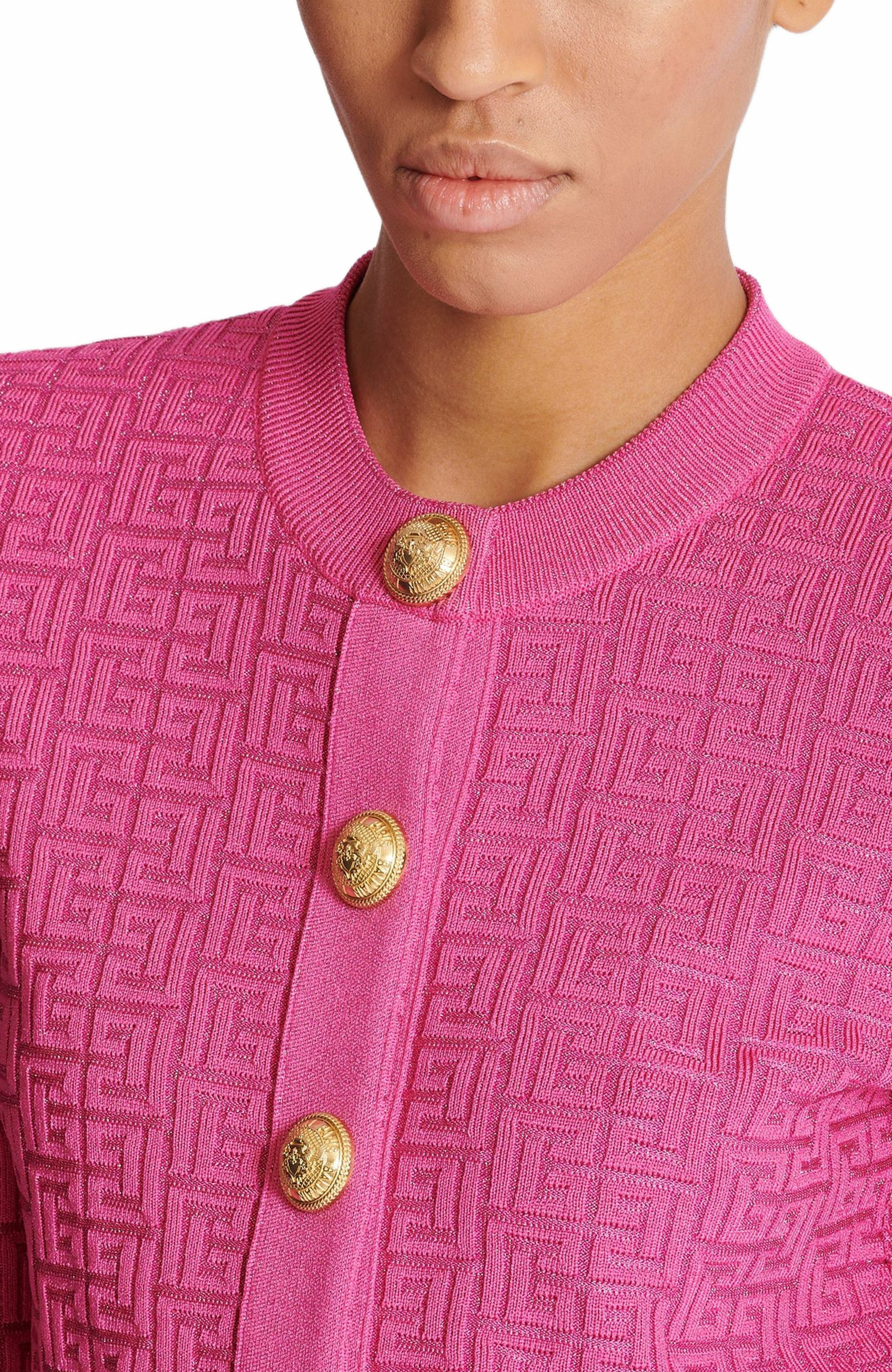 Balmain Cropped monogrammed knit cardigan in Pink at Nordstrom - 6