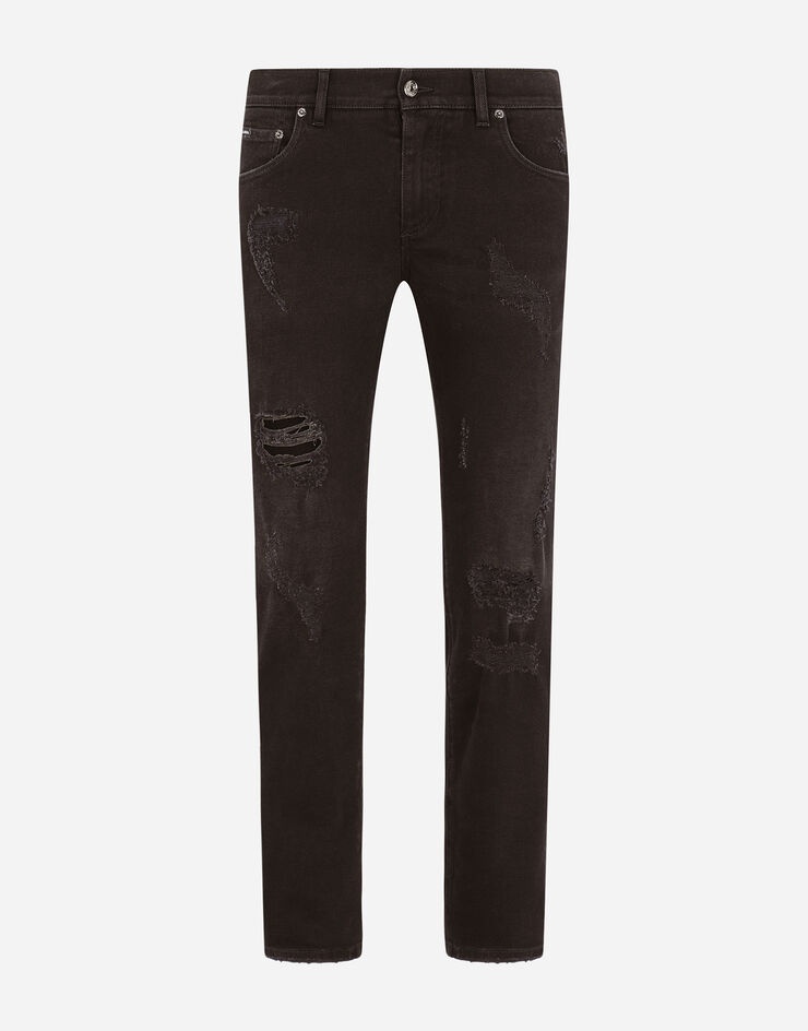 Black skinny stretch jeans with repaired rips - 1