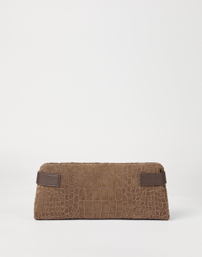 Brunello Cucinelli Essence pouch bag in suede with precious croc embroidery and bands outlook