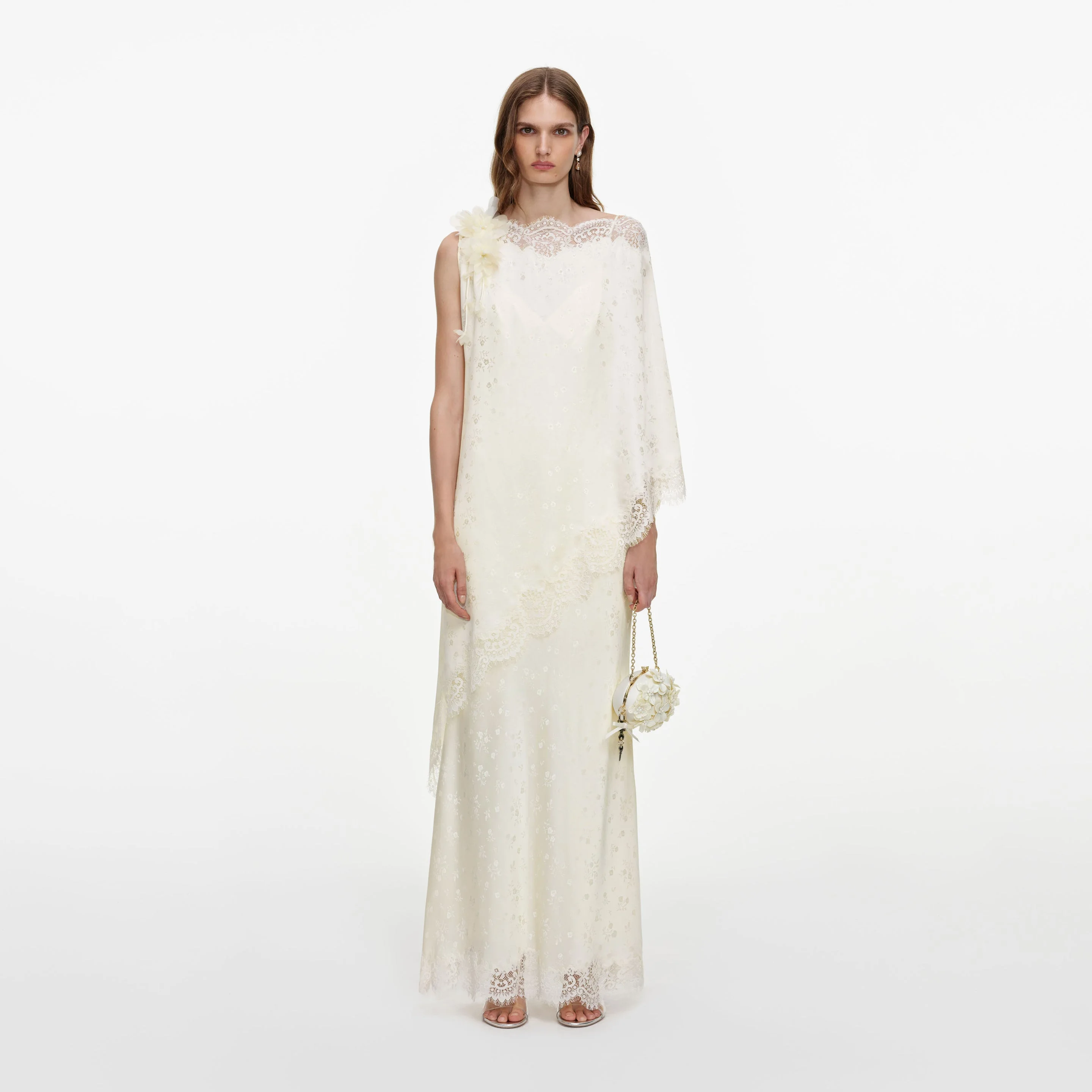 Cream Satin Lace Cape Maxi Dress - 1