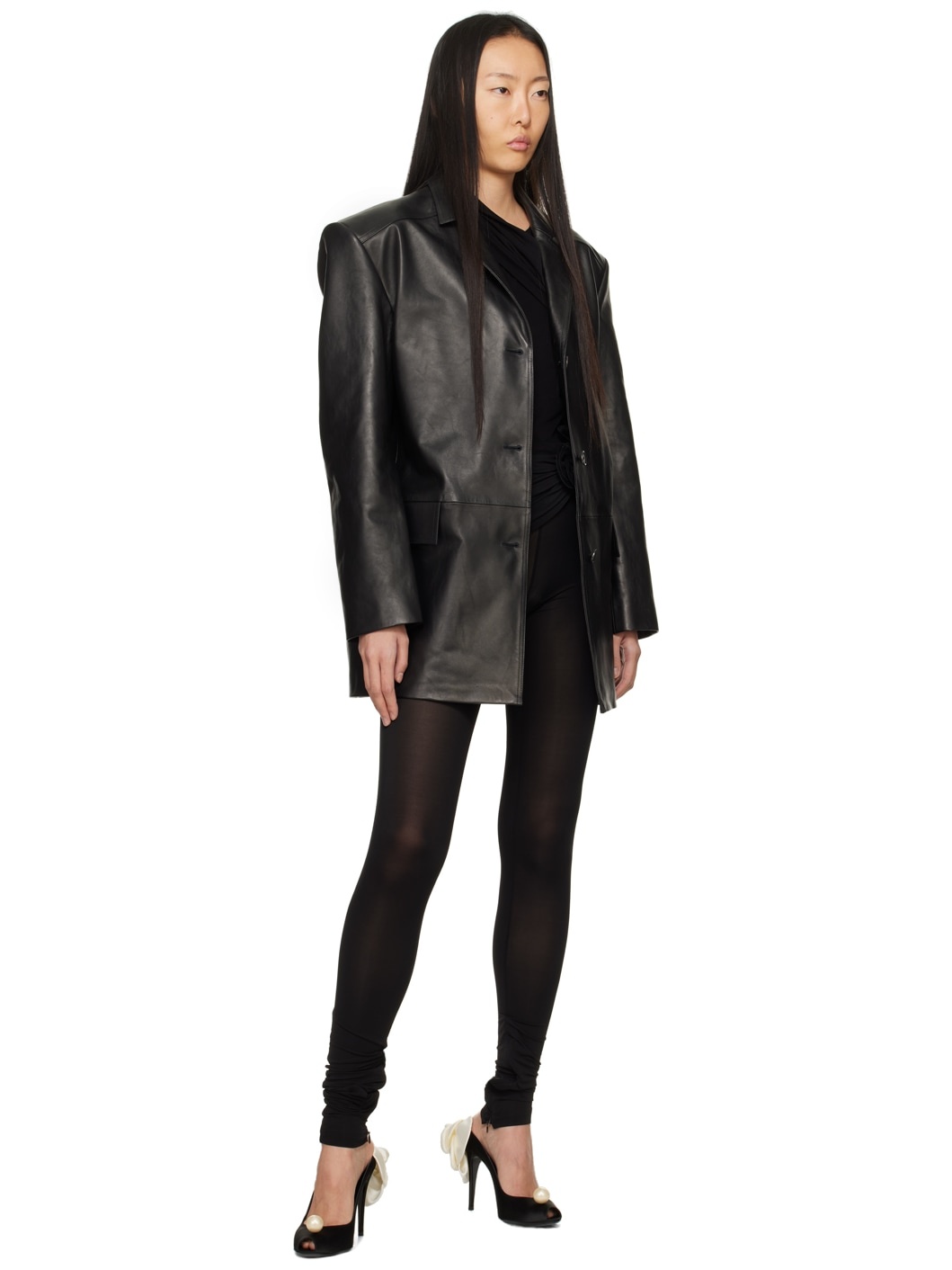 Black Oversized Leather Blazer - 4