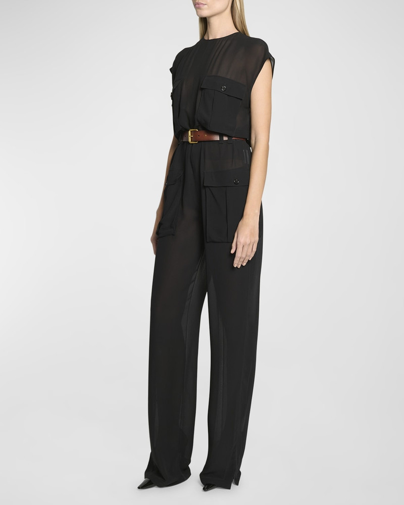 SAINT LAURENT Combinaison Sleeveless Belted Silk Chiffon Utility Jumpsuit outlook
