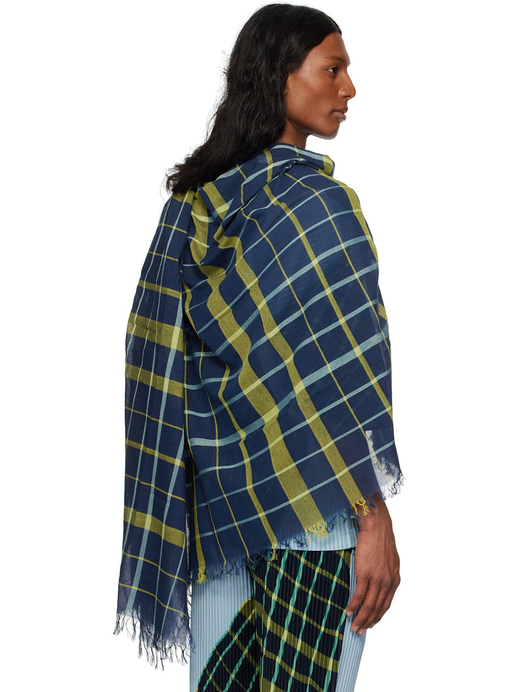 Navy & Green Plaid Stole Scarf - 3