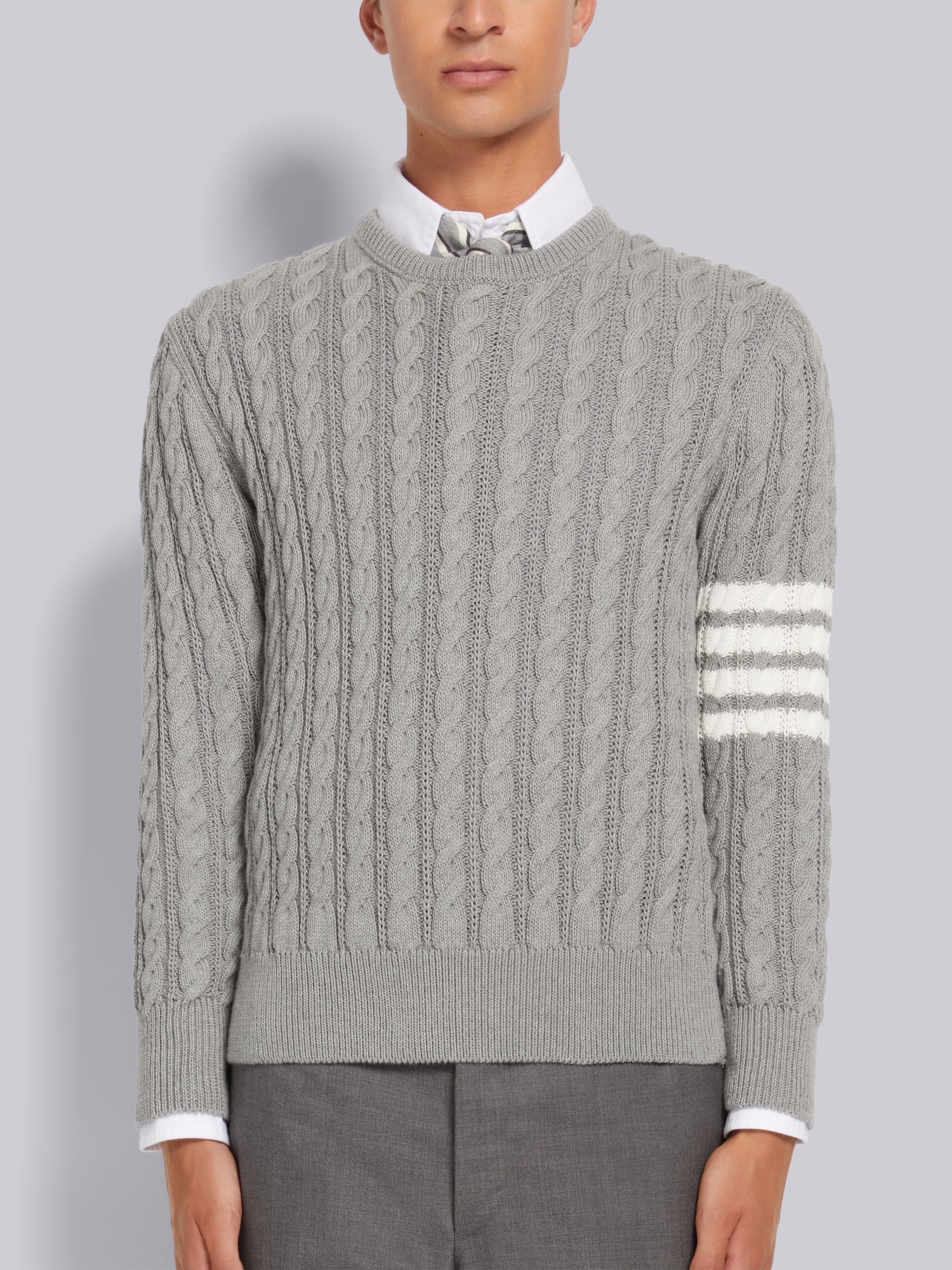 Light Grey Cotton 4-Bar Cable Knit Crew Neck Pullover - 1