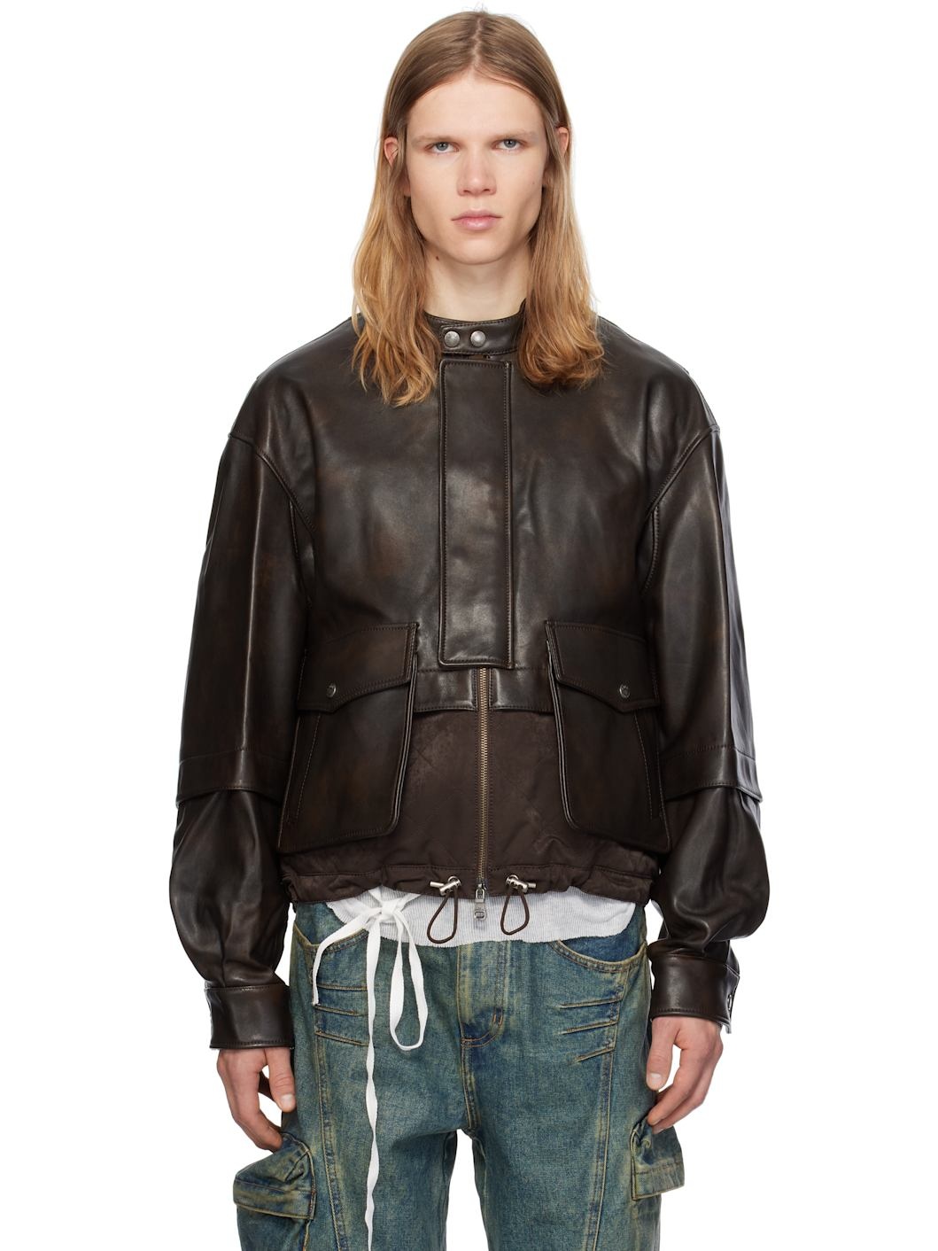 Brown Quilted Bomber Leather Jacket - 1
