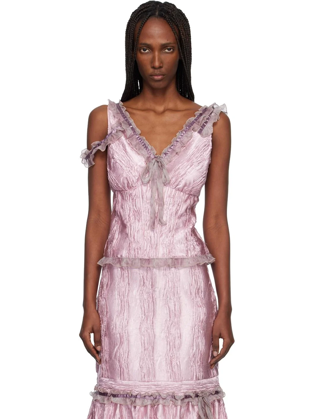 Pink Crushed Satin Bow Tank Top - 1