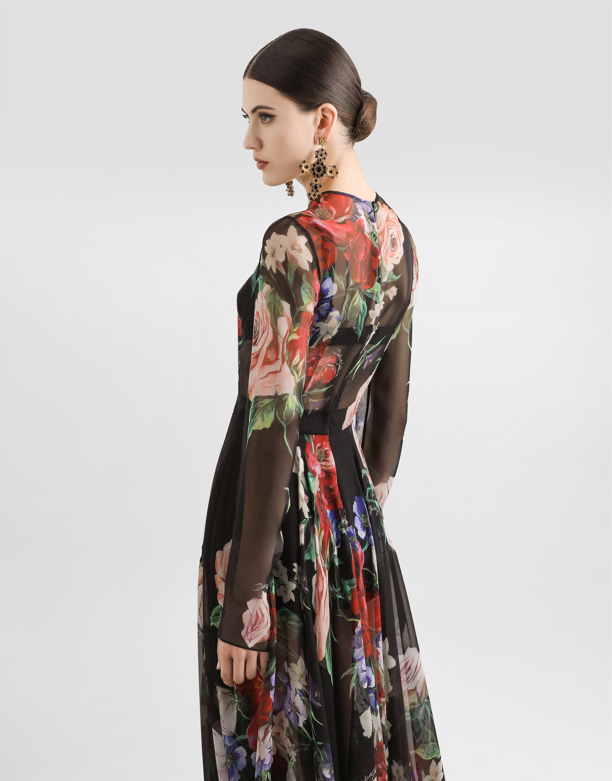 Floral-print chiffon calf-length dress with circle skirt - 6