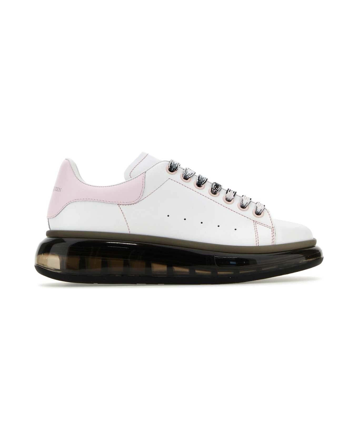 White Leather Sneakers With Pink Leather Heel - 1