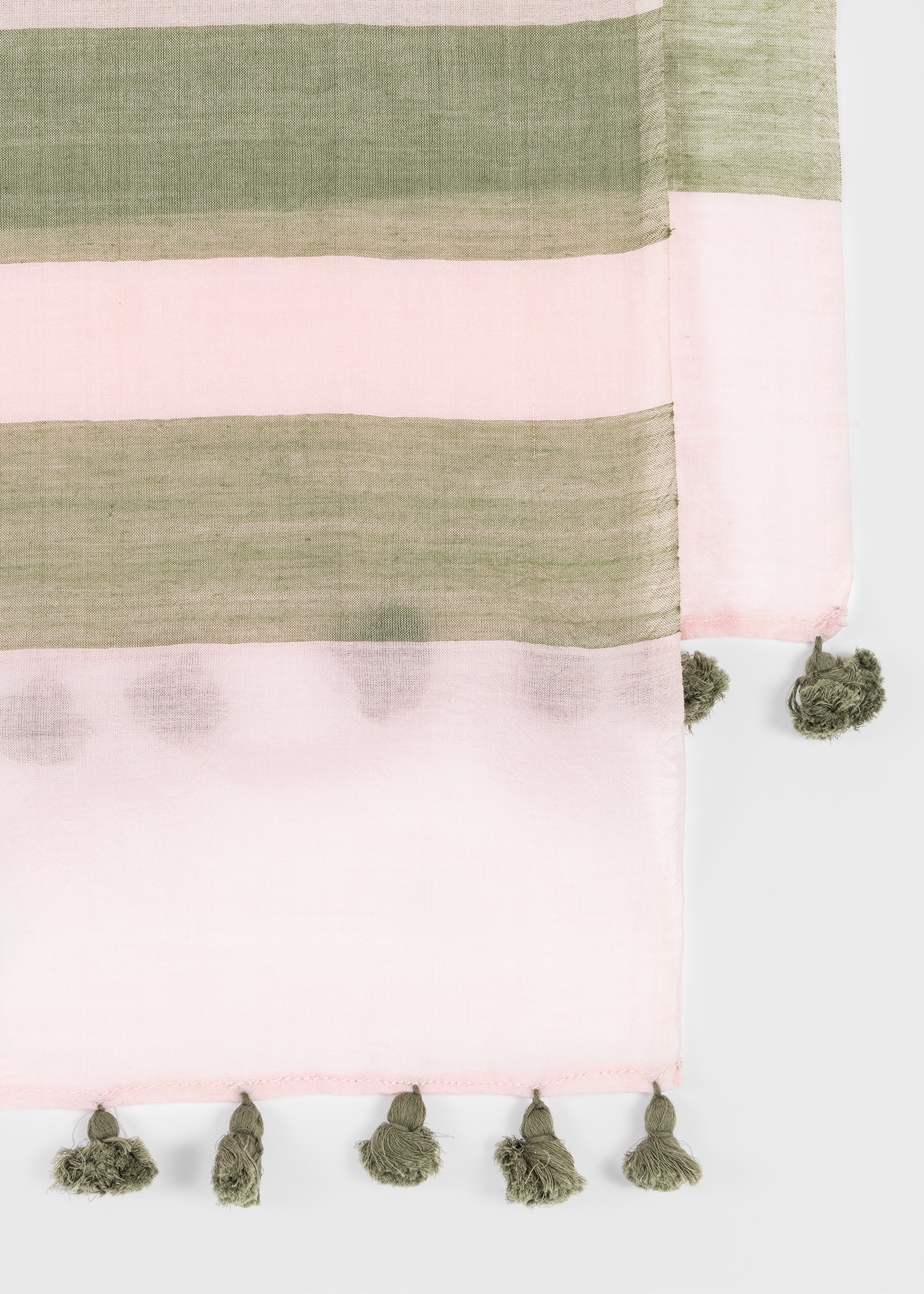 Women's Pink And Khaki Stripe Cotton-Silk Pom Pom Scarf - 2
