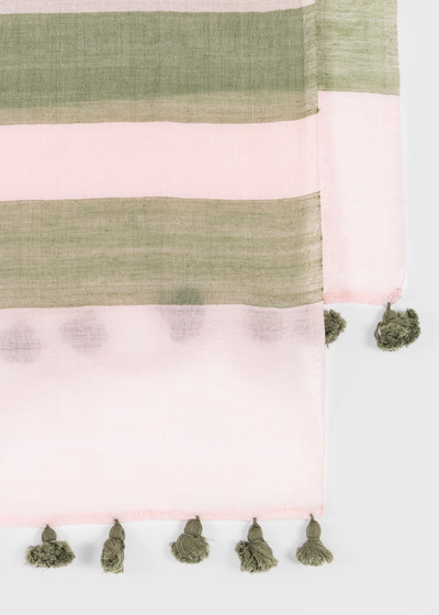 Paul Smith Women's Pink And Khaki Stripe Cotton-Silk Pom Pom Scarf outlook