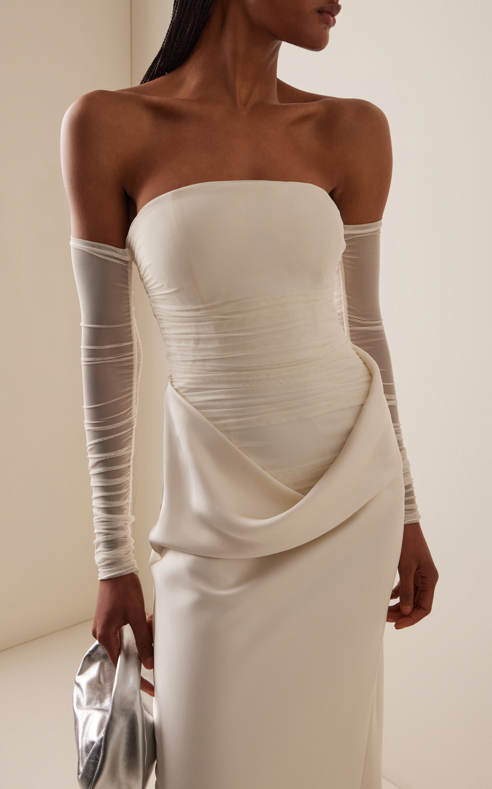 Ruched Tulle and Satin Maxi Dress white - 3