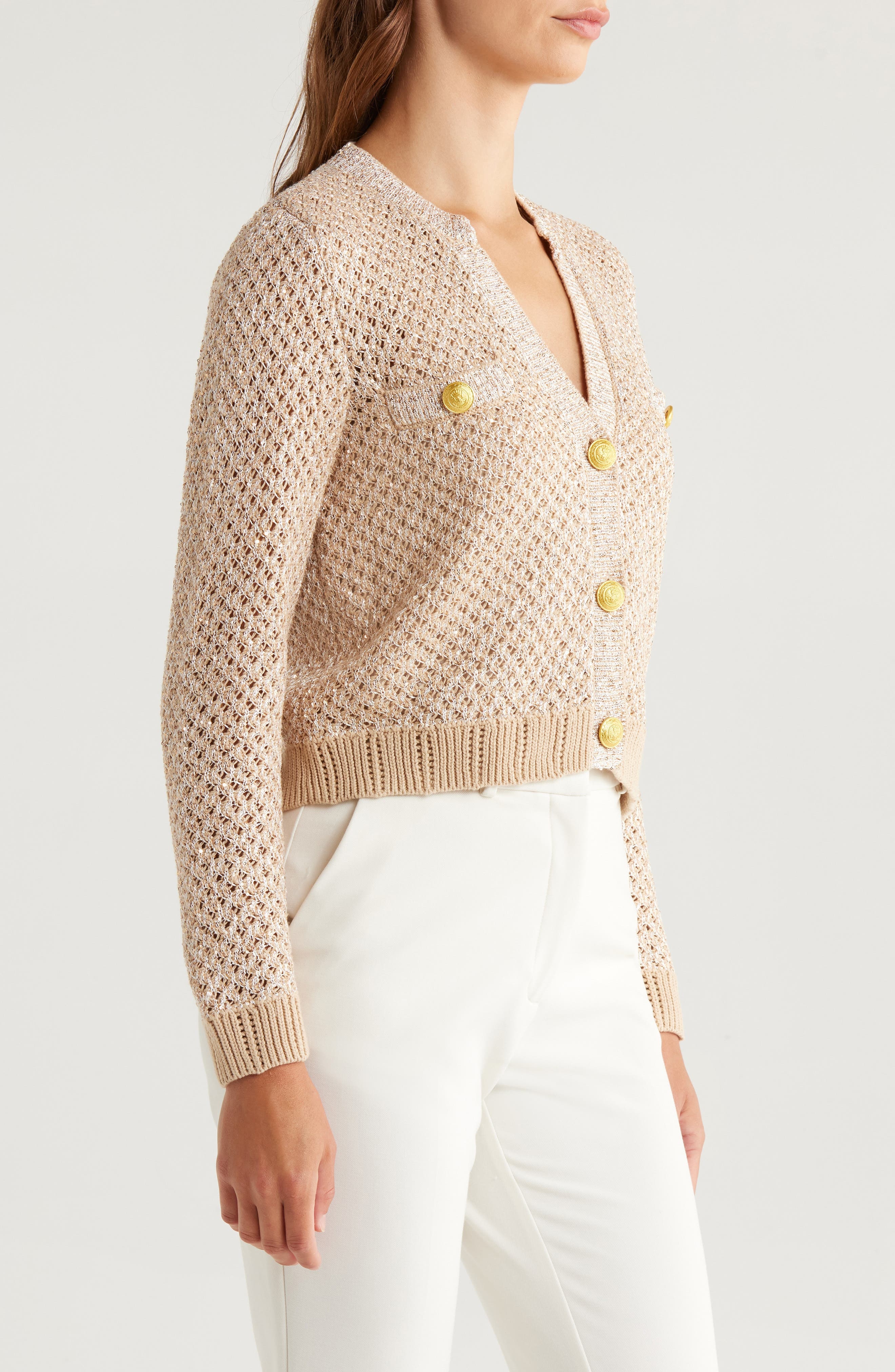 L'AGENCE Blanca Sequin Crop Cardigan in Natural Multi/Gold at Nordstrom - 3