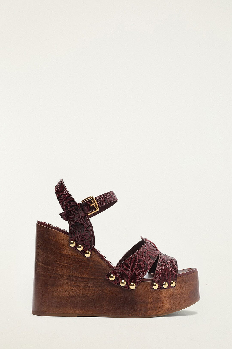 Brown Studded Embossed Wedge Sandal 1