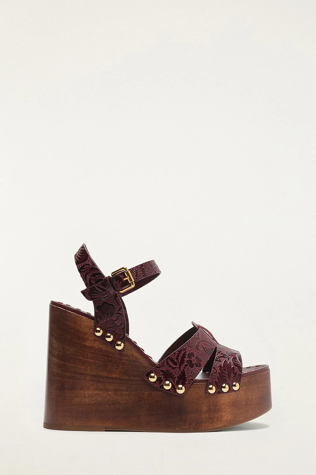 Brown Studded Embossed Wedge Sandal - 1
