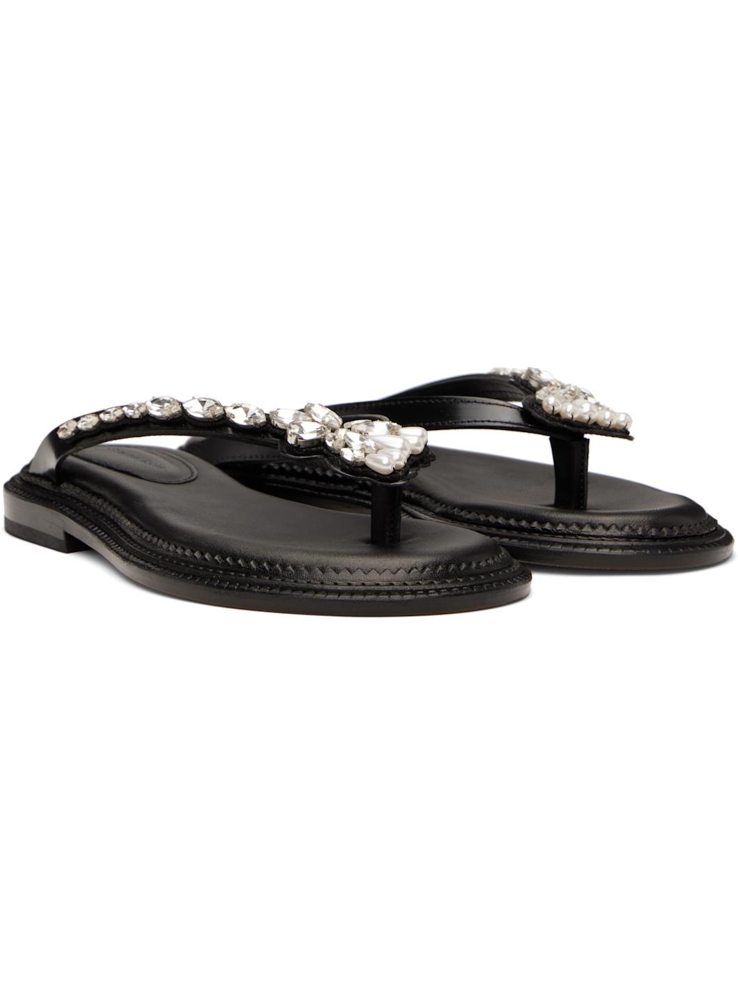 Black Embellished Flower Flip-Flops - 4