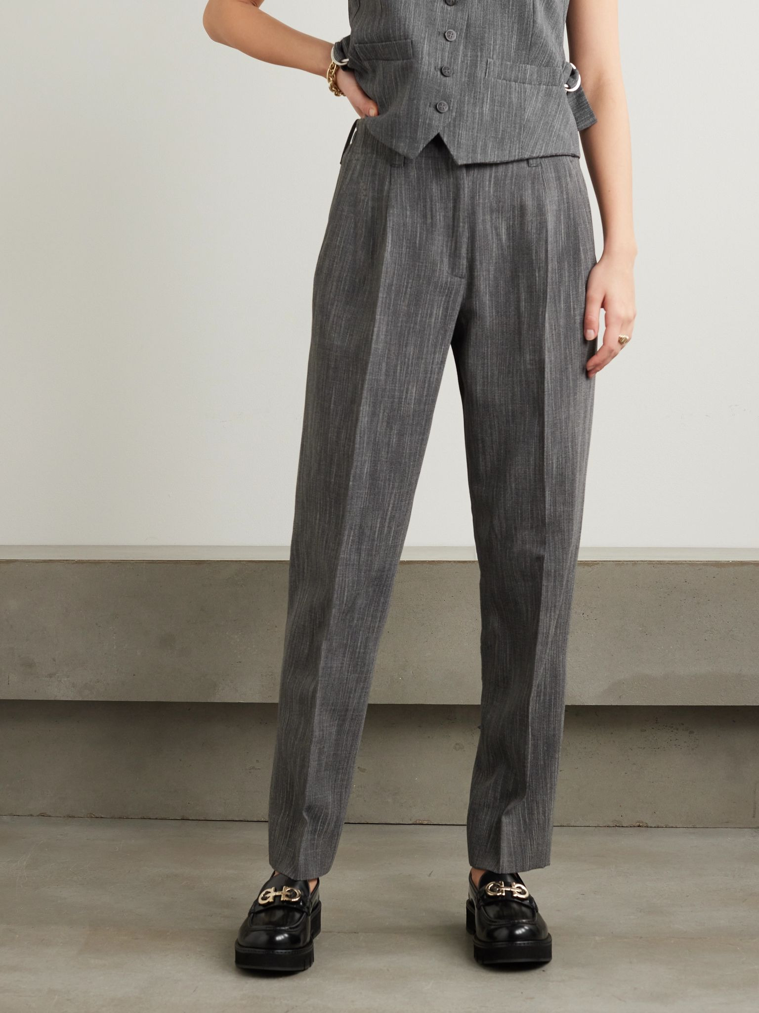 Pleated wool-blend straight-leg pants Brown - 3